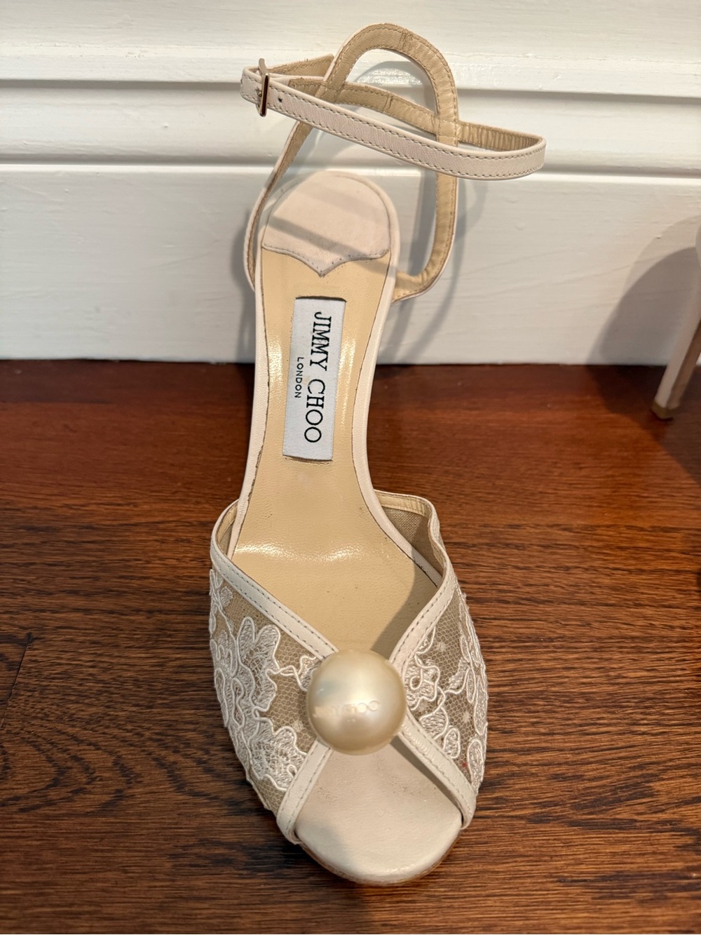 Jimmy Choo Sacora 85 MM Ivory Lace Peep-Toe Ankle Strap Heels with Pearl - Picture 8 of 16
